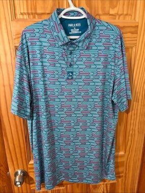 Pins & Aces Men's Aqua and Purple Geometric Golf Polo